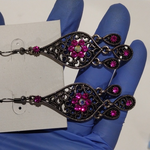 Boho Filigree Pink Crystal Fringe Drop Earrings – Women’s Statement Jewelry, 3" - Picture 8 of 10